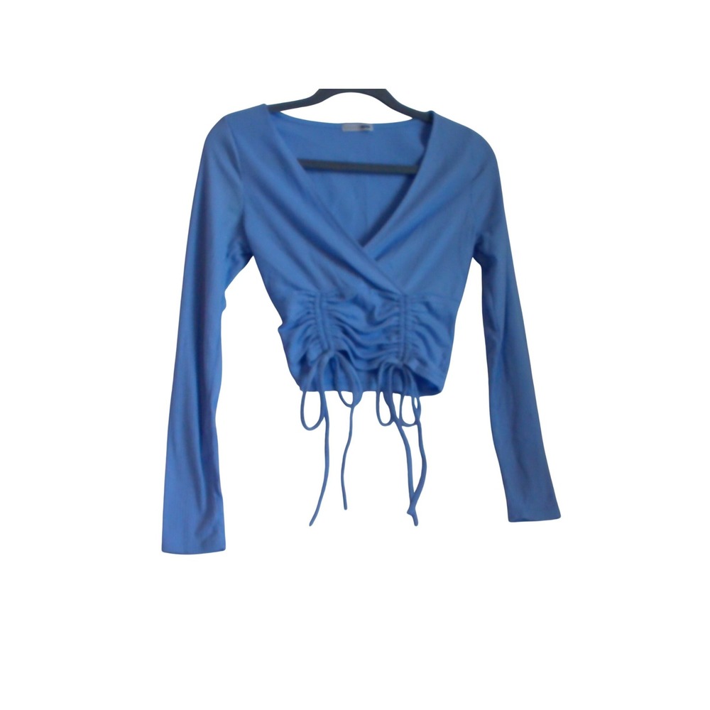 Fashion Nova Light Blue Ribbed Cinched Drawstring V-Neck Crop Top Long Sleeve M